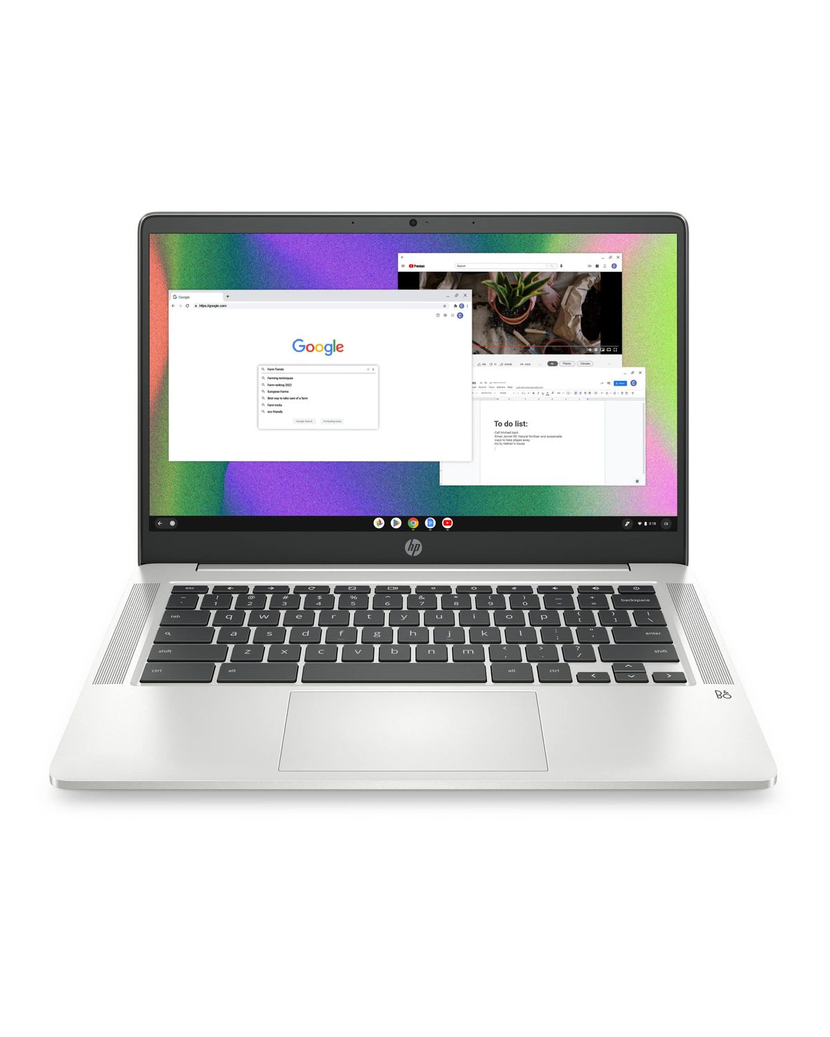 HP Chromebook 14 in mineral silver with Chrome OS open on screen