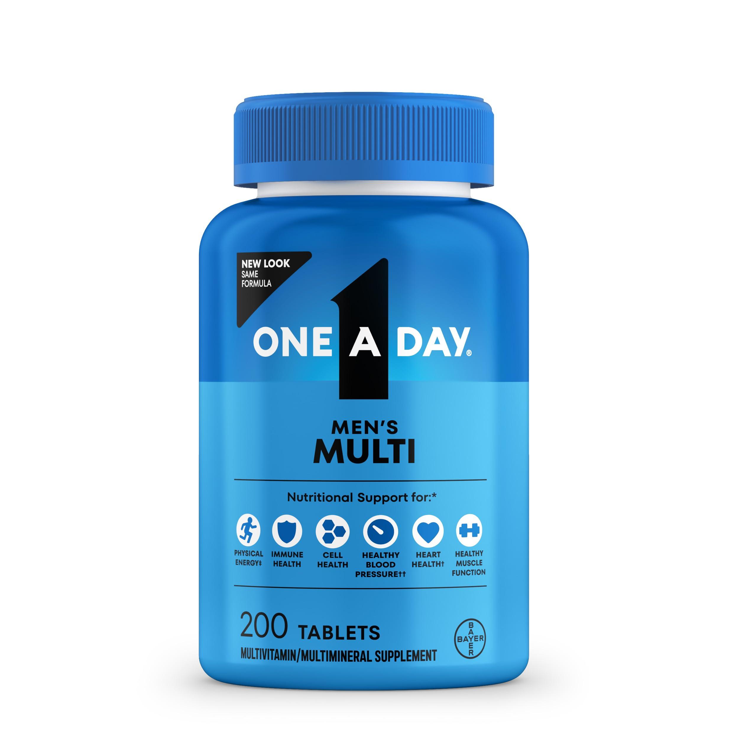 One A Day Multivitamin for Men bottle with 200 tablets, featuring Vitamin D, Zinc, Folic Acid, and B Vitamins