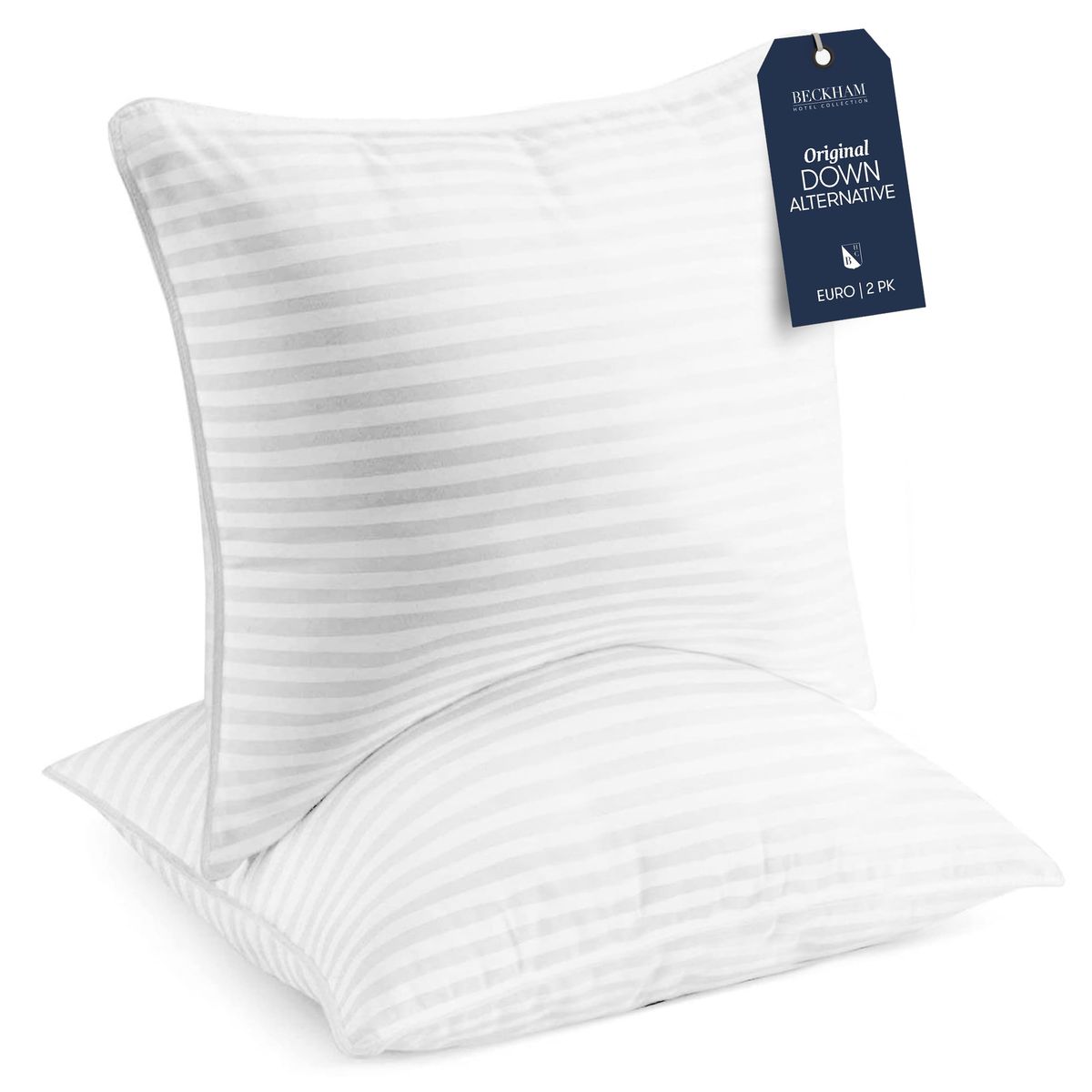 Beckham Hotel Collection Euro Size Throw Pillows, two white square pillows with striped pattern