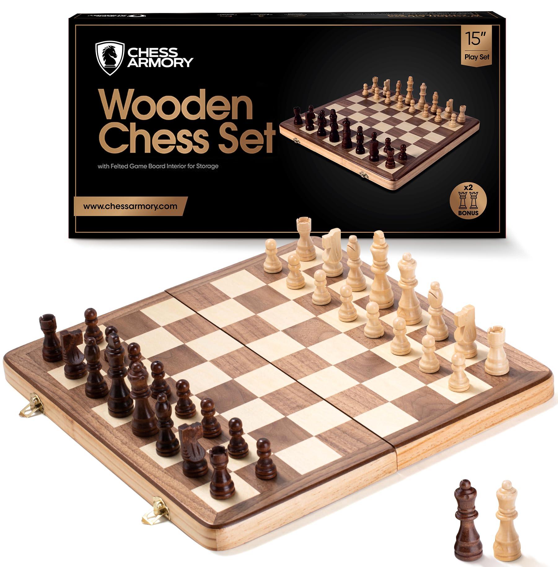 Chess Armory 15-inch wooden chess set with pieces arranged on board
