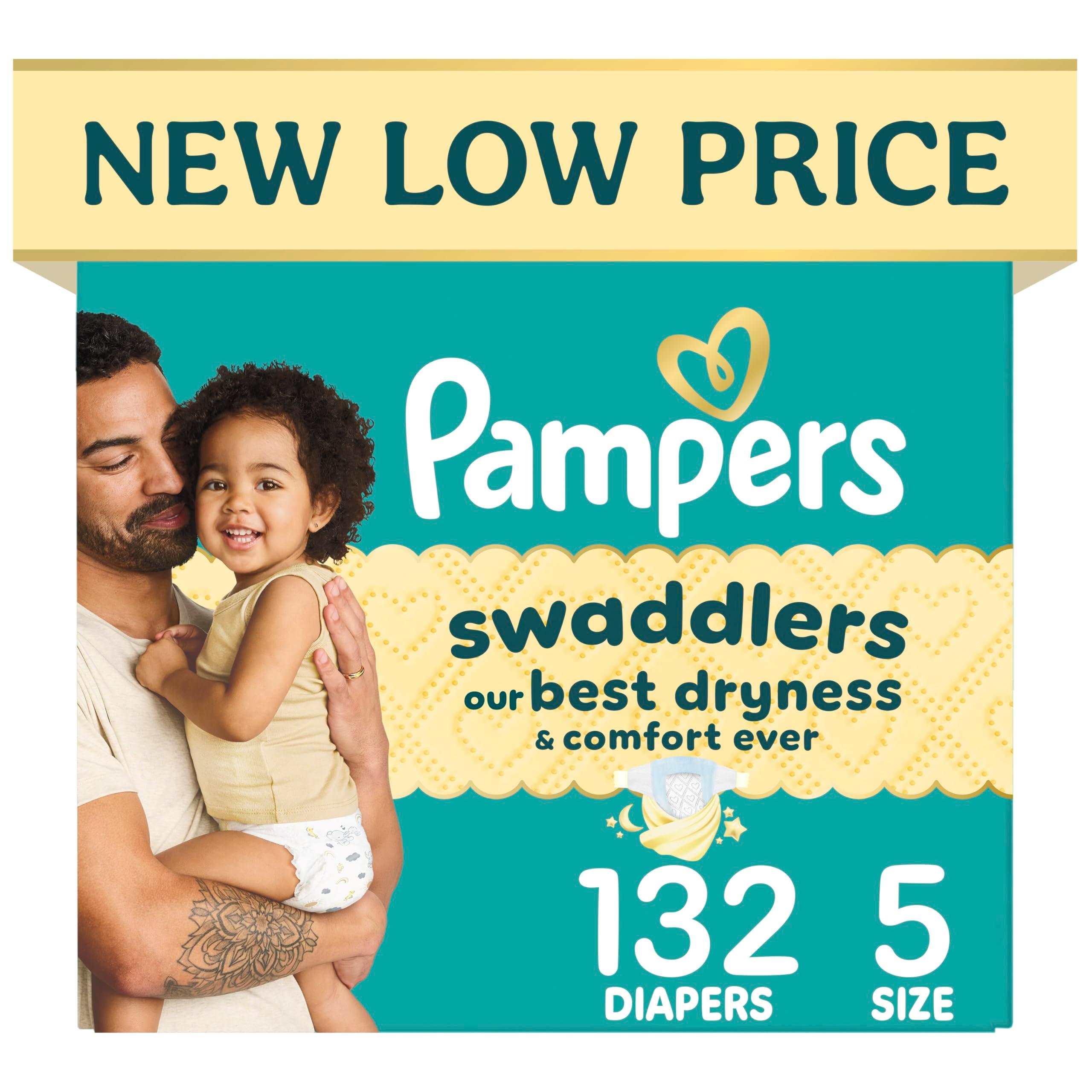 Pampers Swaddlers Diapers, Size 5, 132 Count, lying on a white surface