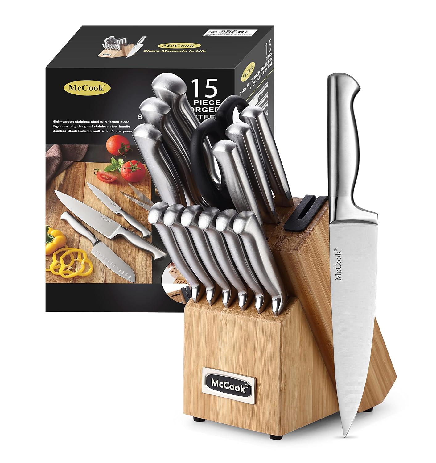 McCook 15-piece German stainless steel knife block set with built-in sharpener on kitchen counter