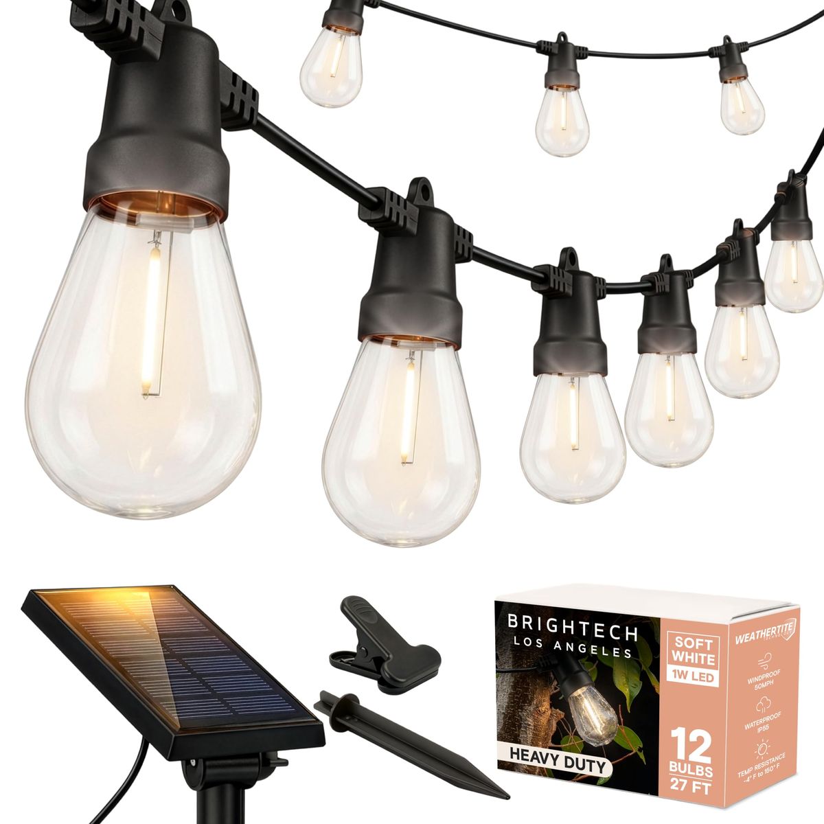 Brightech Ambience Pro solar string lights illuminating a patio