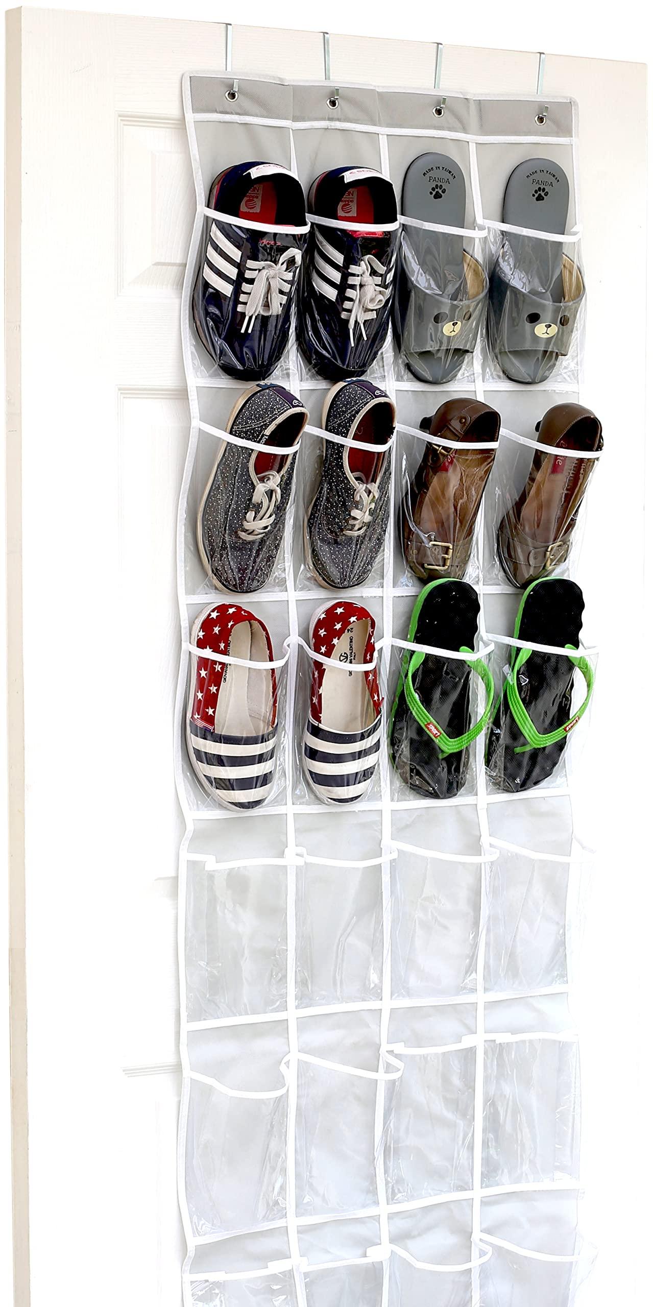 Simple Houseware 24 pocket over the door shoe organizer hanging on a door, filled with shoes