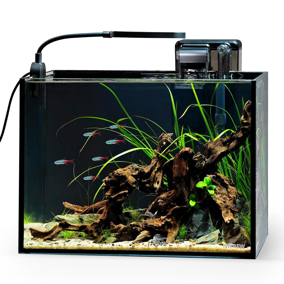 NICREW 2.5 Gallon Nano Aquarium Kit on a desk with a betta fish