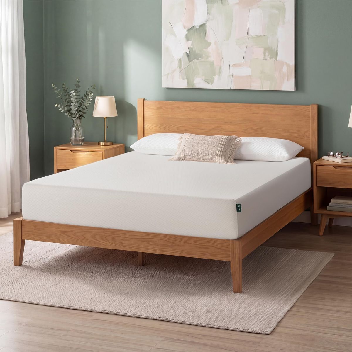 Zinus Green Tea Memory Foam Mattress 10 Inch Queen, medium firm, showing mattress with white cover and green tea branding