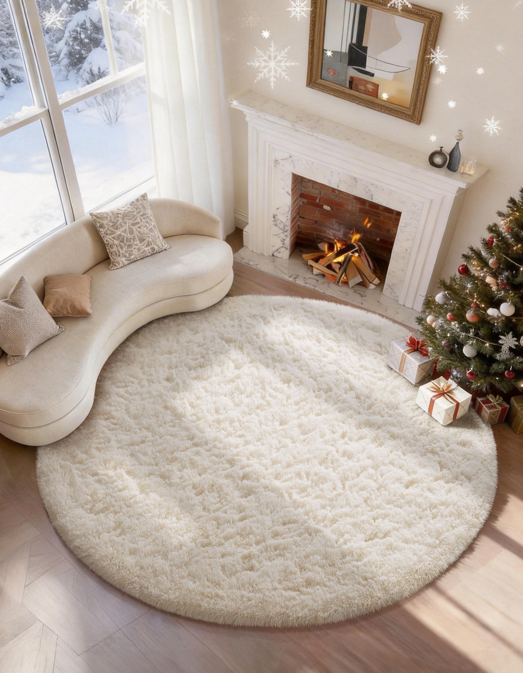 Ophanie 8x10 fluffy ivory shag area rug styled in a living room setting