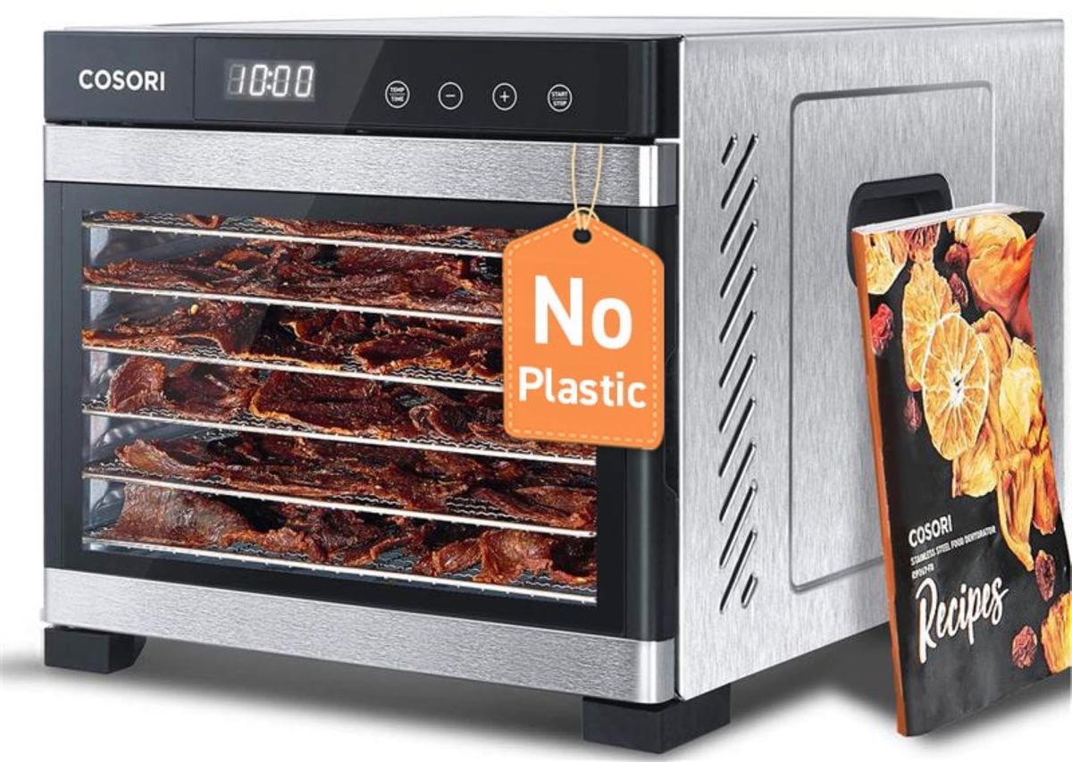 Cosori food dehydrator with 6 stainless steel trays and digital control panel