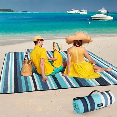 ZAZE Picnic Blanket 80''x80'' Thick 3-Layers, Blue White Stripe