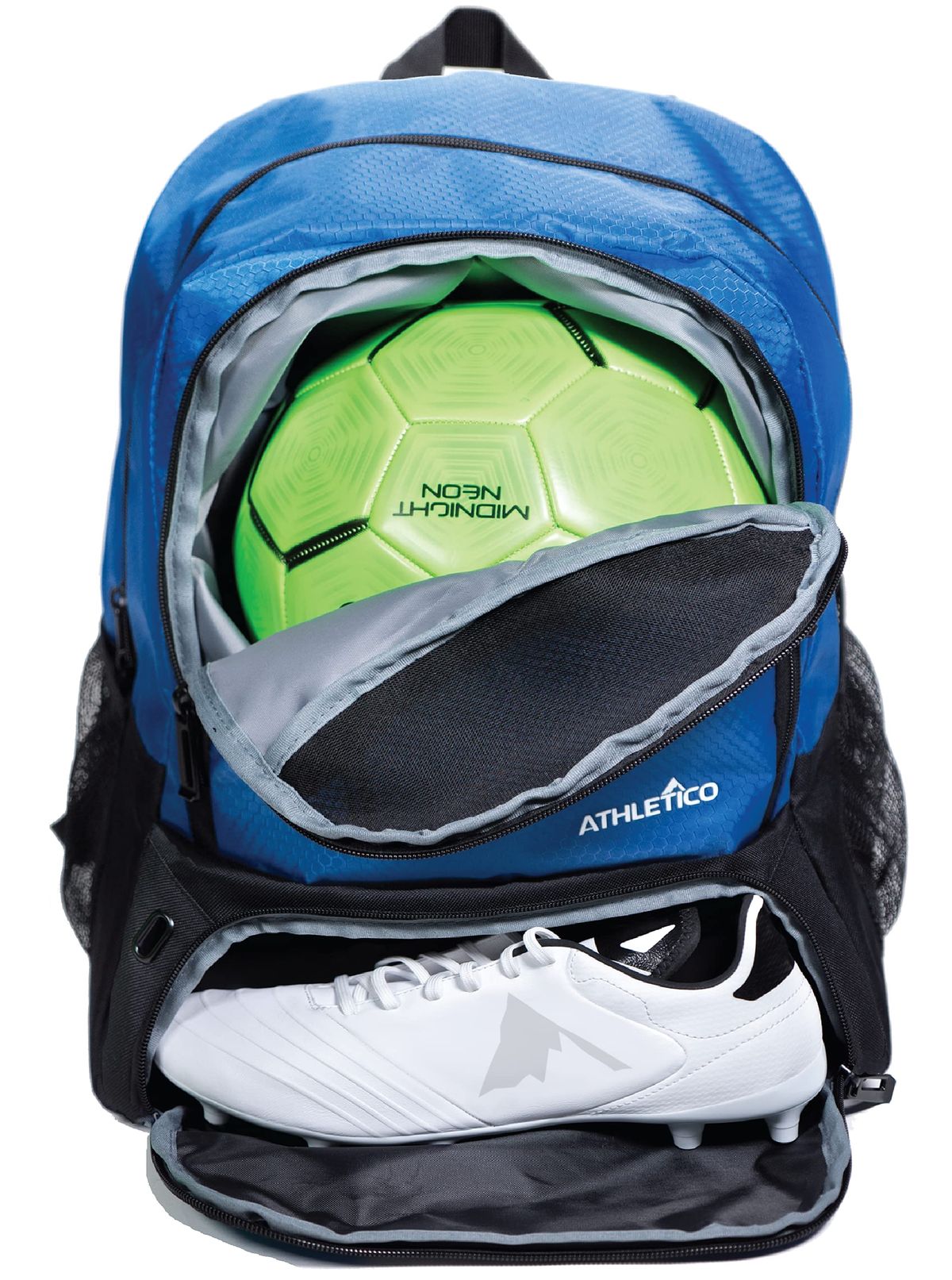 Athletico Youth Soccer Bag and National Soccer Bag displayed with soccer balls