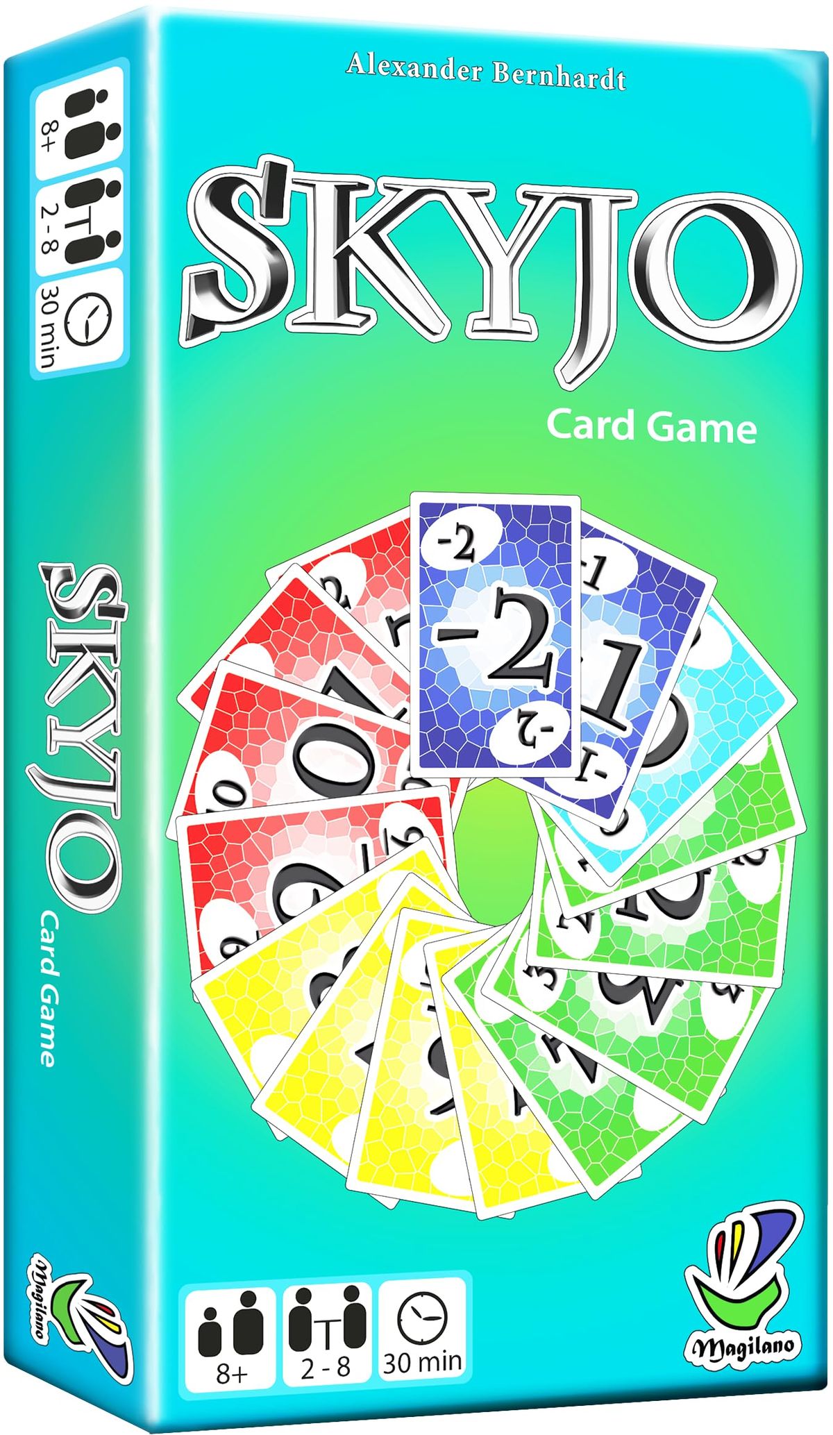 SKYJO card game spread out on a table, showing colorful numbered cards