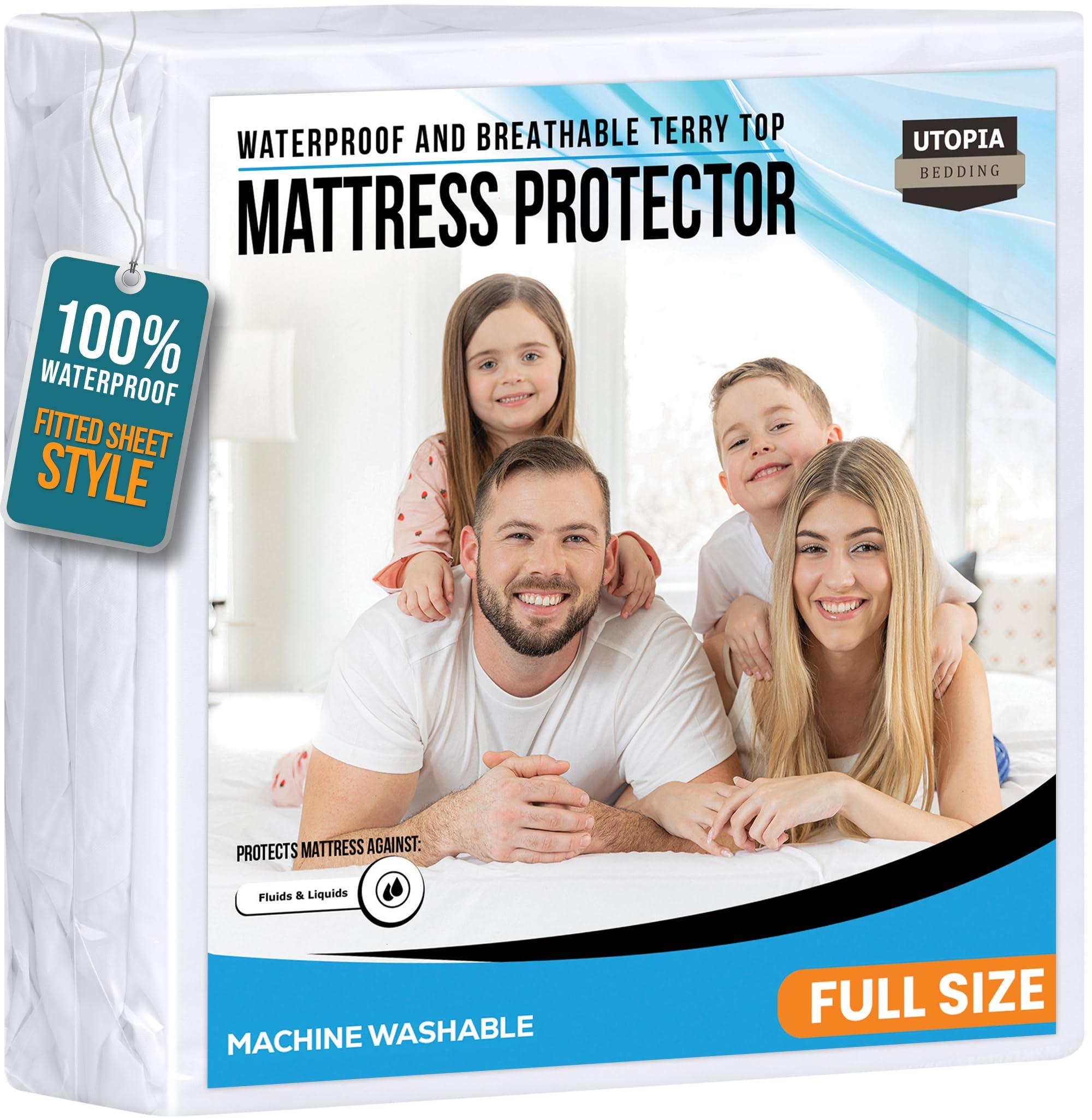 Utopia Bedding Full Size Waterproof Mattress Protector on a bed