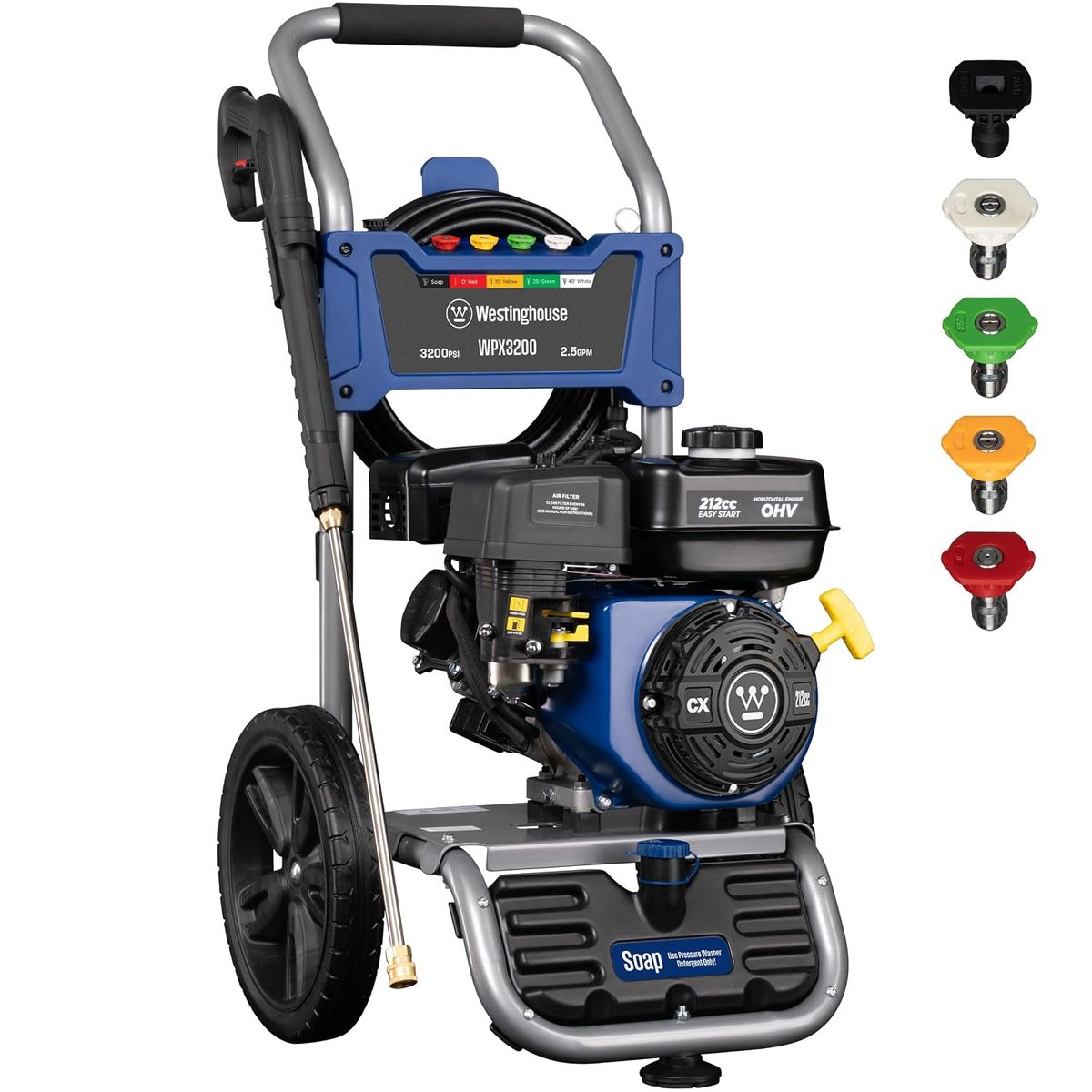 Westinghouse WPX3200 gas pressure washer with spray gun, wand, and 5-nozzle set on driveway