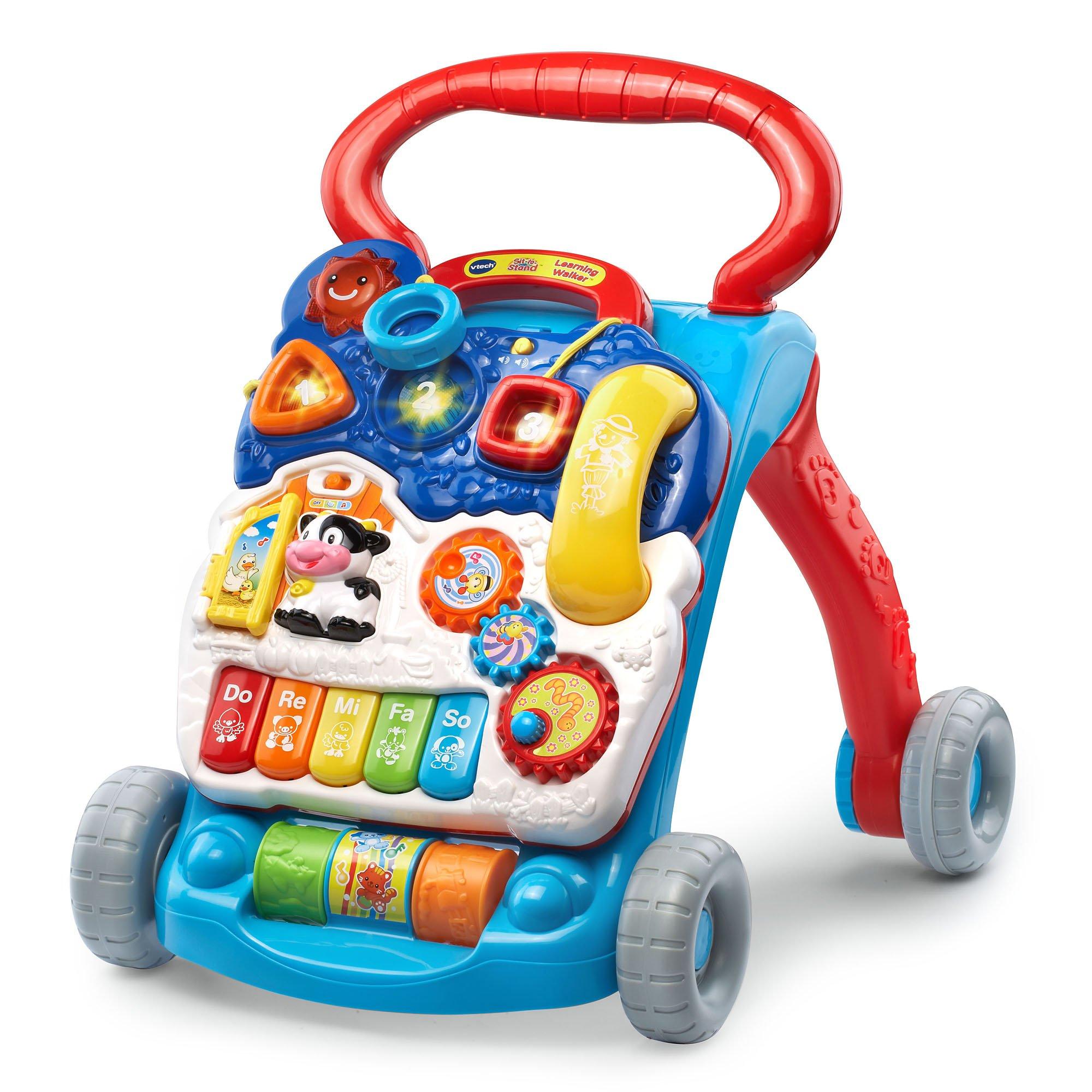 VTech Sit-to-Stand Learning Walker in blue with removable activity panel and piano keys