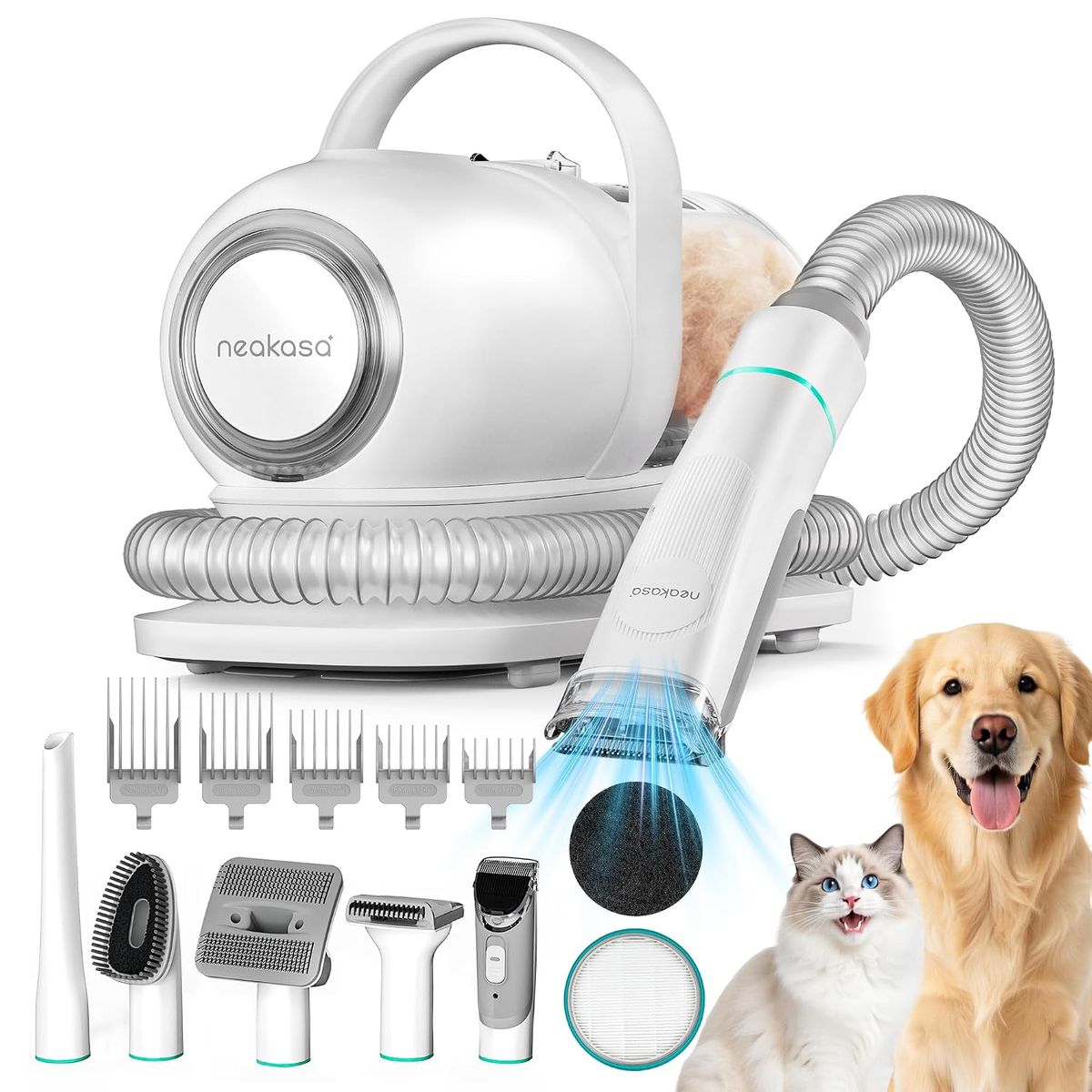 Neakasa P1 Pro 6-in-1 dog grooming vacuum kit with attachments on white background