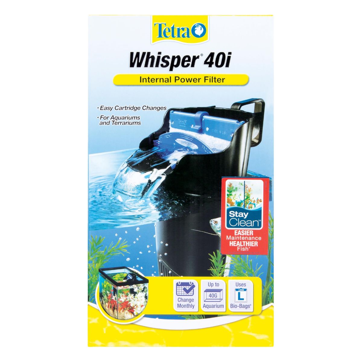 Tetra Whisper Internal Filter for 20-40 Gallons mounted inside an aquarium