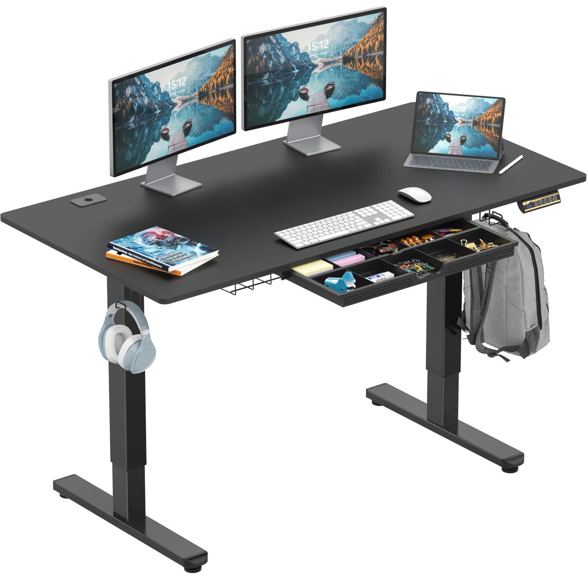 SHW 55-Inch Electric Standing Desk with Drawer showing spacious work surface and built-in drawer