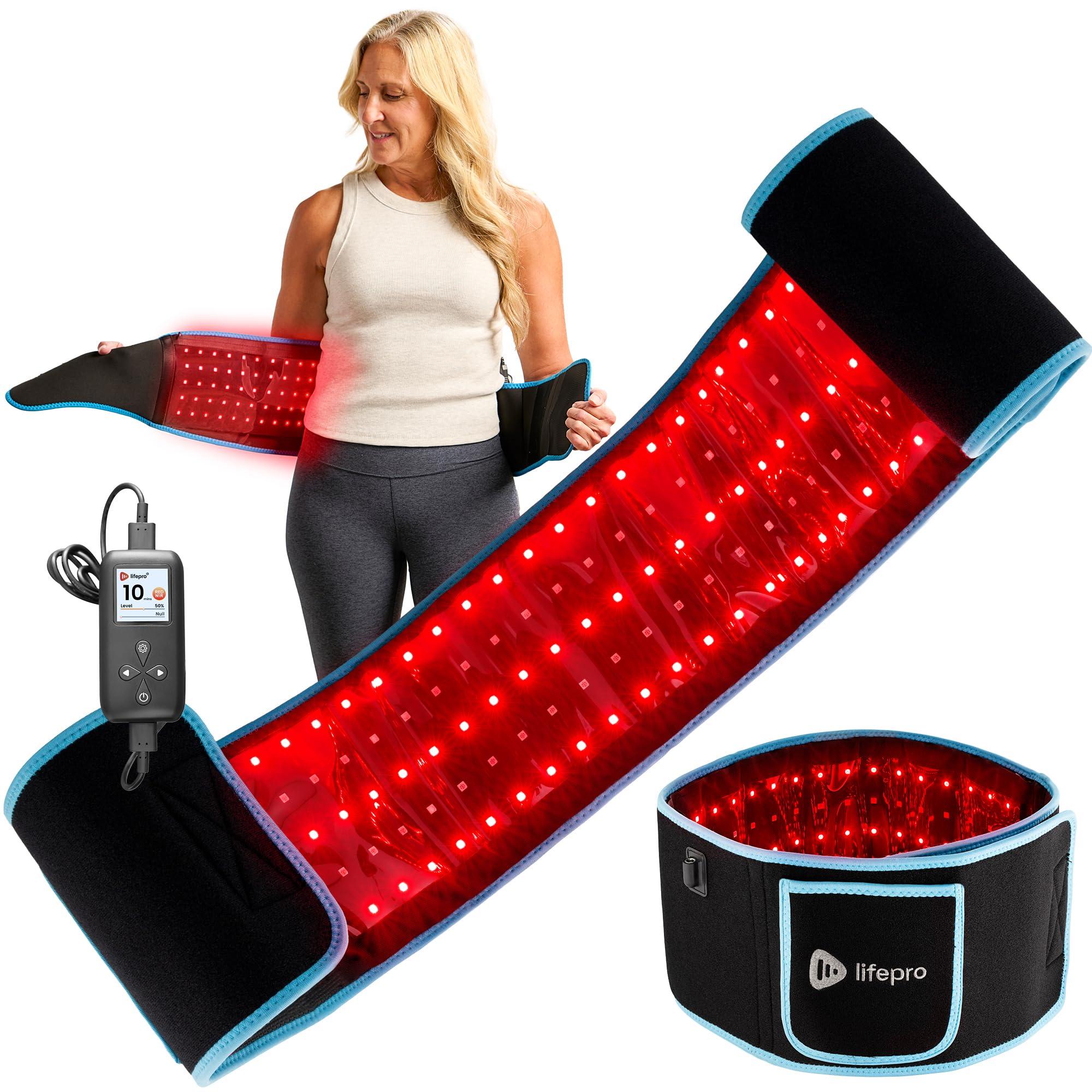 Lifepro Red Light Therapy Belt with 105 triple-chip LEDs, blue neoprene wrap, adjustable Velcro strap