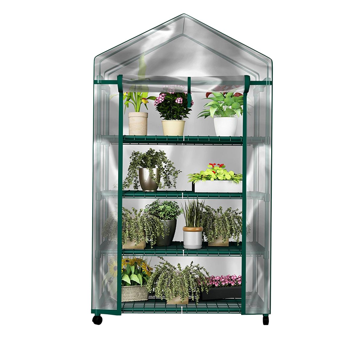 Four-tier mini greenhouse with clear PVC cover on a patio