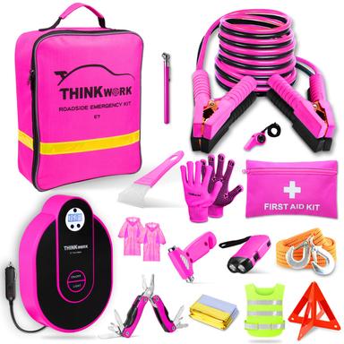 THINKWORK Pink Car Emergency Kit with Digital Air Compressor