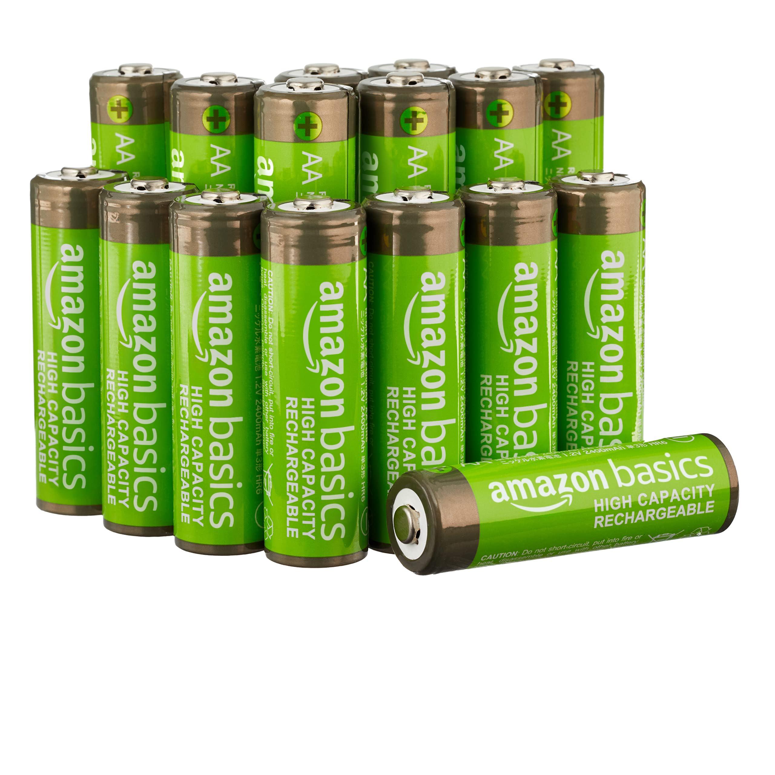 Amazon Basics 16-Pack Rechargeable AA High-Capacity Batteries, 2400 mAh