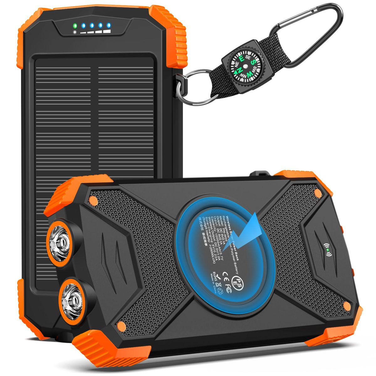 BLAVOR Solar Power Bank 10,000mAh with dual flashlight and compass carabiner outdoors