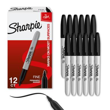 Sharpie Permanent Markers, Fine Tip, Black, 12 Count