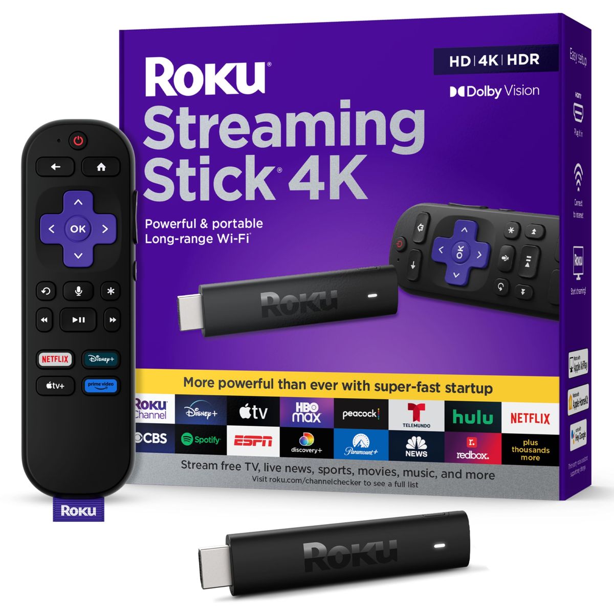 Roku Streaming Stick 4K with voice remote on a table, showcasing its compact stick design