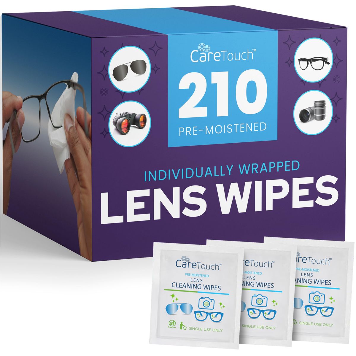 Care Touch Lens Wipes box with 210 pre-moistened cloths for eyeglasses