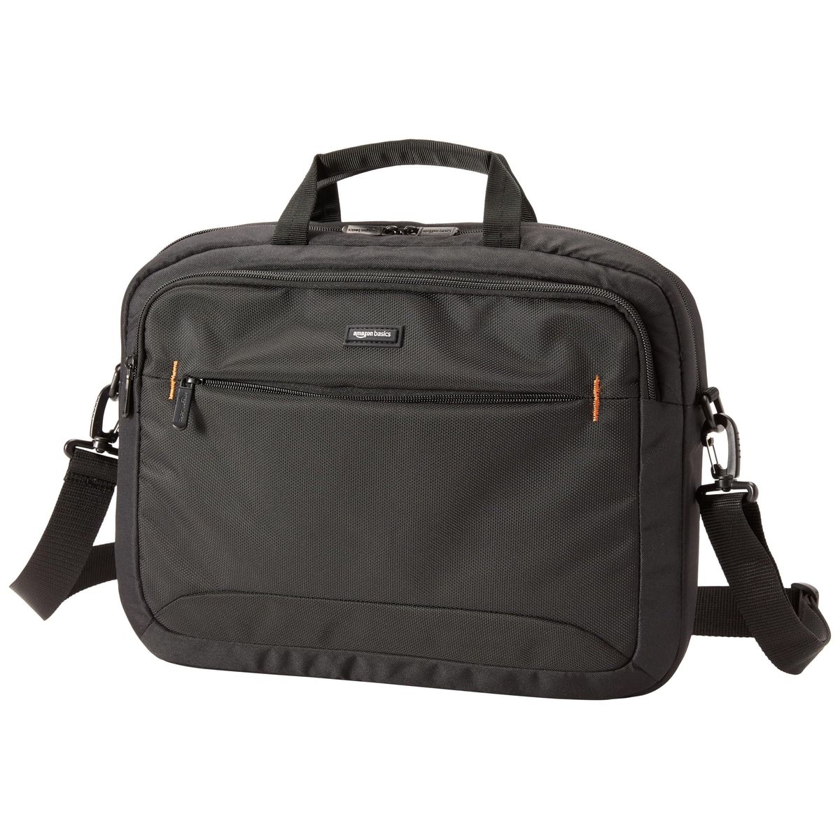 Amazon Basics 15.6 inch laptop bag in black with large capacity compartments and shoulder strap