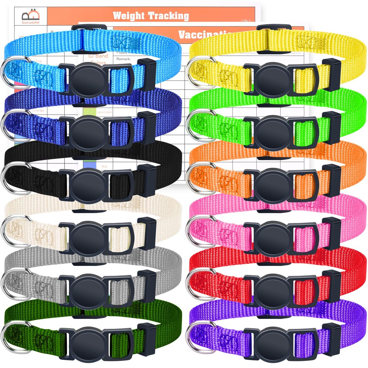 Set of 12 brightly colored breakaway puppy ID collars arranged in a circle. | Mubboo