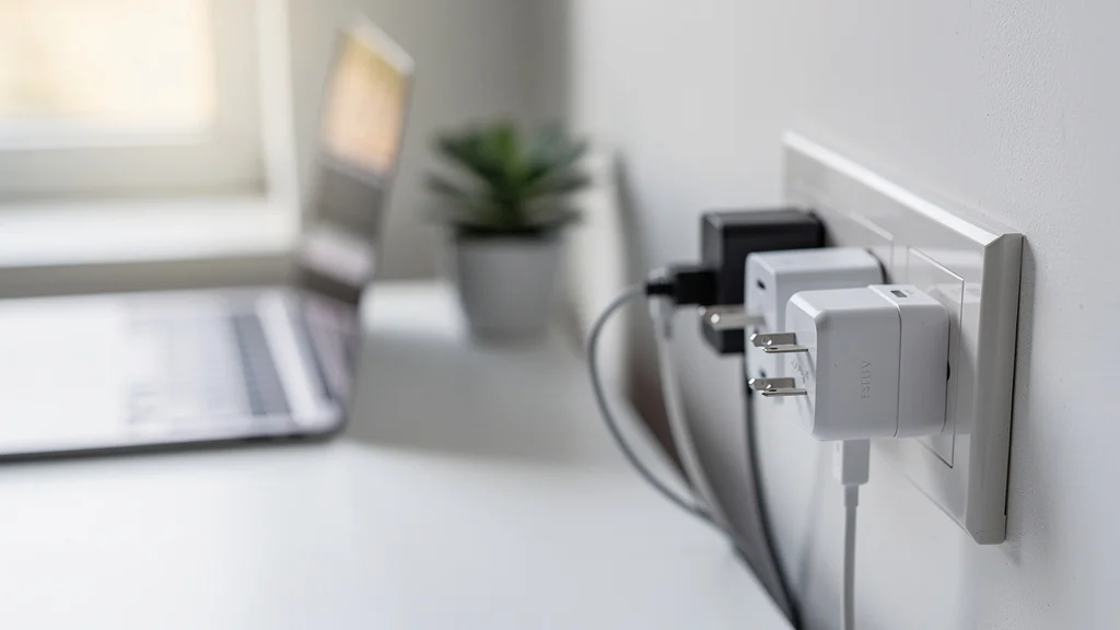 A row of USB-C wall chargers from budget single-port bricks to a multi-port GaN desktop station, plugged into a US wall outlet on a home-office desk