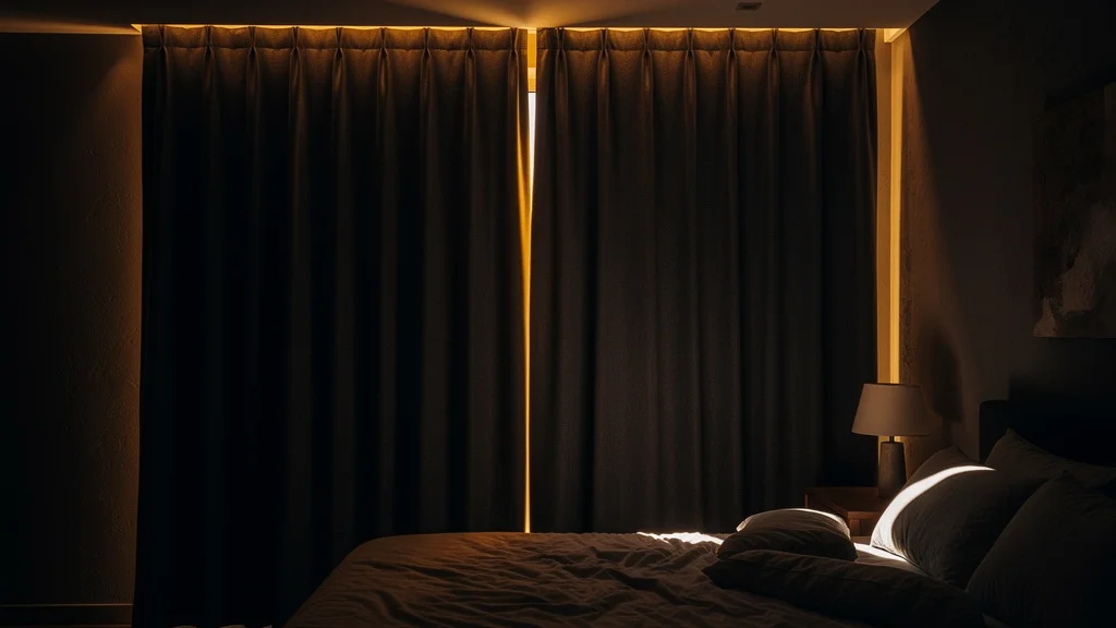 A dark grommet blackout curtain panel hanging floor-length over a bedroom window in soft early-morning light, fully covering the window frame with no gap at the sides or bottom