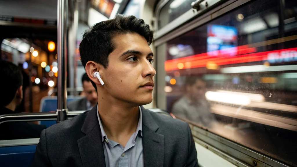 A young American professional on a New York City subway car wearing white wireless earbuds, late evening commute with motion blur on the train windows — the daily commute noise-cancellation use case