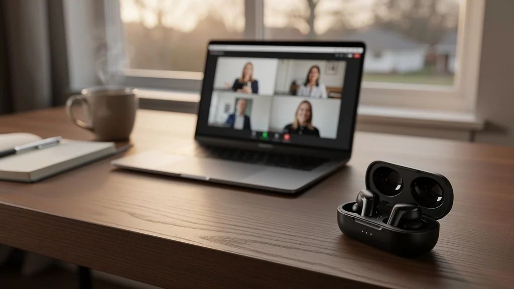 A modern American home office desk with an open MacBook Pro laptop showing a video call in progress, black wireless earbuds resting on the desk in their open charging case — the WFH video call use case