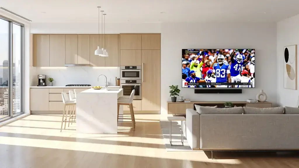 A modern American open-plan kitchen-living-room at midday with sunlight streaming through south-facing windows, a 75-inch QD-Mini-LED TV on the wall showing a bright HDR daytime sports broadcast with Mini-LED highlights punching through the daylight ambient, signaling the bright-room Mini-LED anti-glare scenario