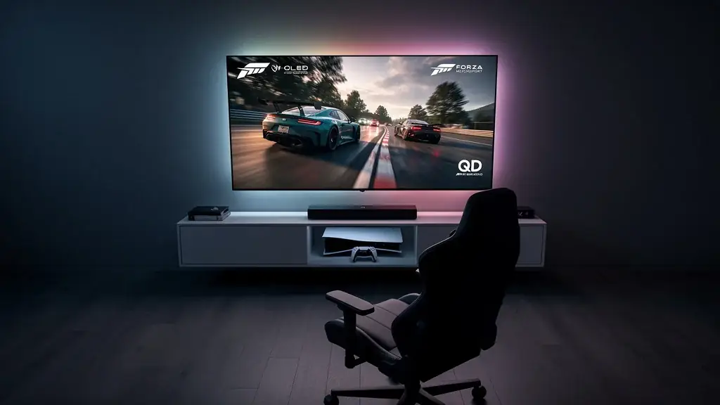 A console gaming setup at night with a 65-inch QD-OLED 4K TV mounted at eye level showing a fast-motion racing game at 4K/120fps with VRR enabled, a PS5 in the entertainment unit underneath, soft RGB ambient lighting, the OLED black levels and quantum-dot saturated colors signaling the QD-OLED panel architecture