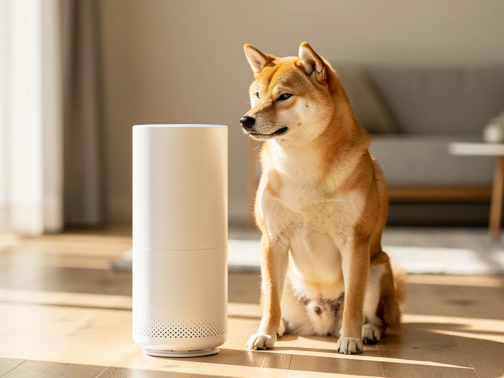 A Shiba Inu lying on a hardwood floor next to a Levoit air purifier in a bright American living room — illustrating the everyday pet-household scenario where the Vital 200S-P quietly handles dander, hair, and dust on Auto mode