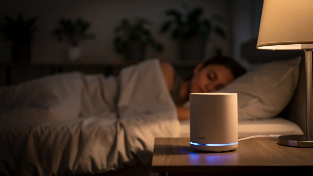 A serene American master bedroom at night with an air purifier on the nightstand, the room dark and quiet with a green air-quality indicator glowing softly, phone on the nightstand showing the Blueair app with clean-air status, a sleeping couple visible in the background -- the bedroom whisper-quiet air purifier scenario at 23 dB