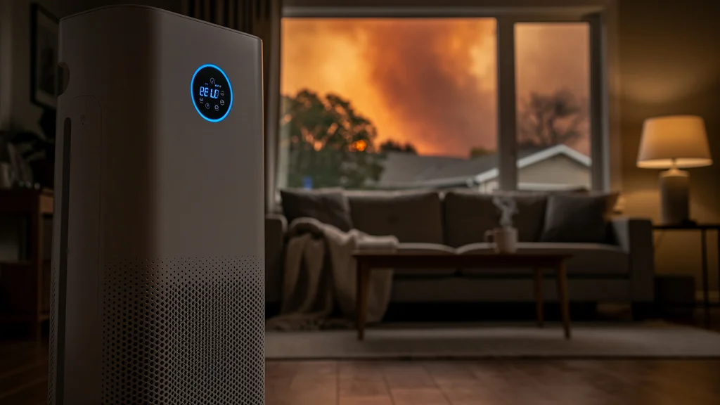 A California or Pacific Northwest home interior on a wildfire-smoke day: orange-tinted afternoon light through the windows, haze visible in the air, an IQAir-style premium purifier running at maximum fan speed, the air quality monitor showing elevated PM2.5, a family visible in the background -- the wildfire-smoke editorial scenario that drives IQAir HyperHEPA H14 recommendation
