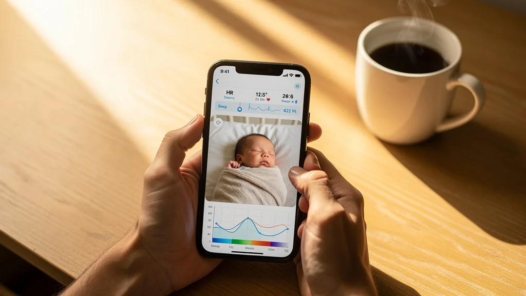 Close-up of a parent's hand holding a smartphone showing a baby monitor live feed with sleep-tracking data overlay — heart rate, oxygen percent, sleep-stage graph — beside a half-empty white coffee mug in soft morning light. The data layer modern smart baby monitors deliver in 2026.