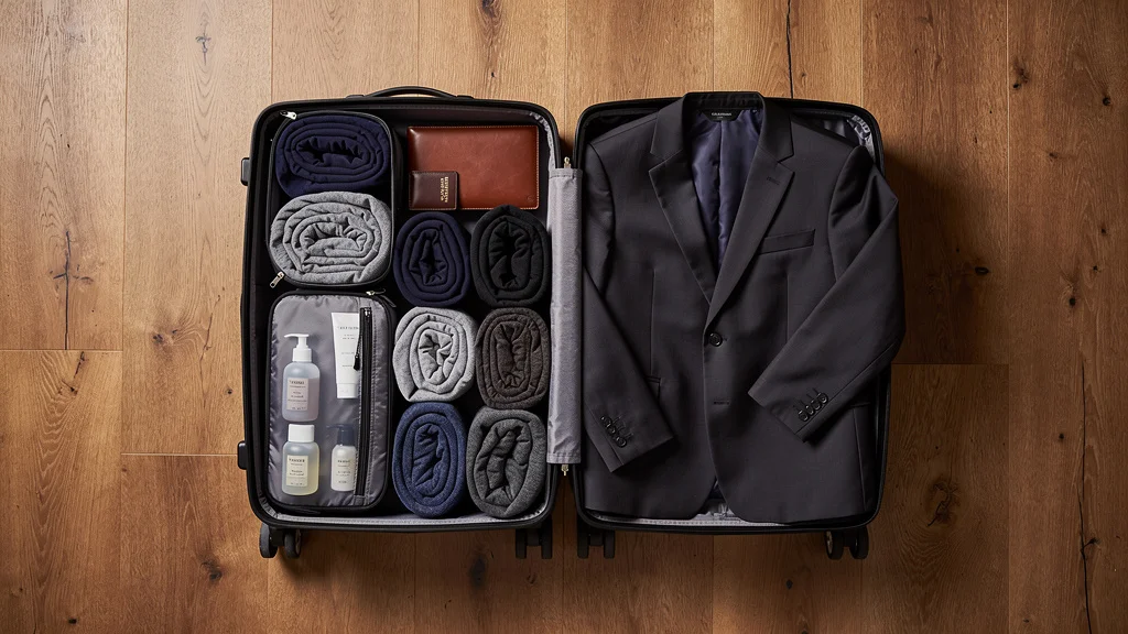Top-down view of an open carry-on suitcase organized with rolled clothing in compression cubes, toiletry bag, leather passport wallet, and folded blazer — packed for a 5-day business trip