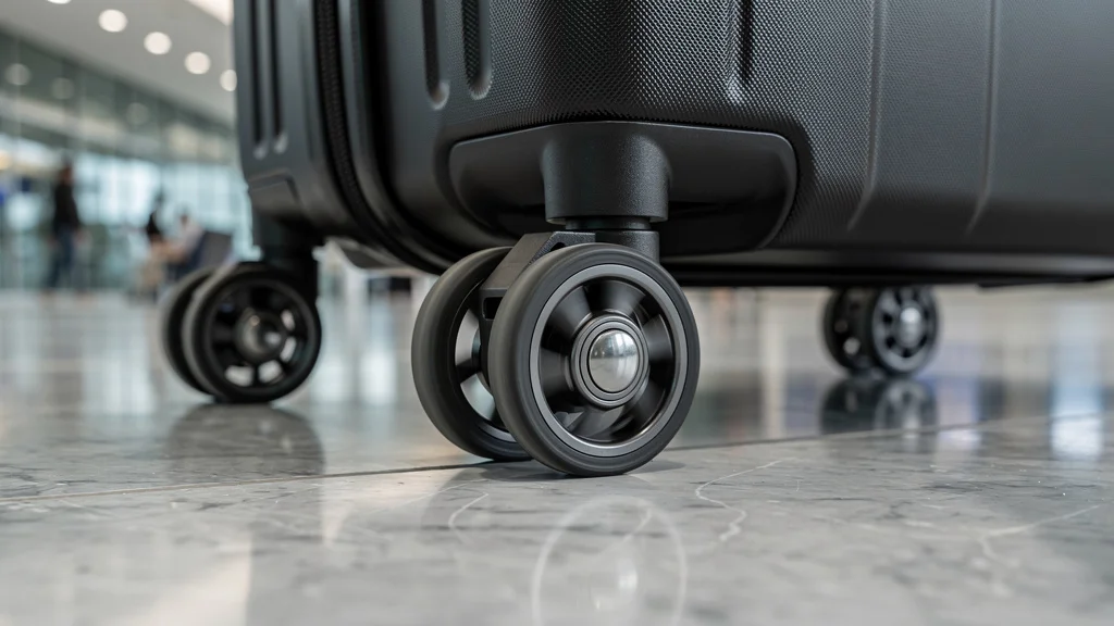 Close-up macro shot of a hardshell carry-on suitcase's spinner wheels in motion blur on the polished floor of an American airport terminal, showing the precision engineering of double-bearing wheel design