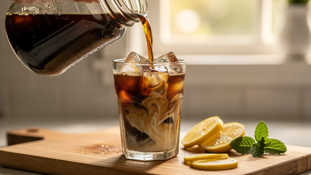 A glass of cold brew coffee over ice in a sunlit kitchen, dark brown liquid with natural layering, a Toddy cold brew carafe in the background, a stack of glass meal-prep containers nearby -- the weekly batch cold brew workflow that replaces daily $5 cafe cold brews with homemade concentrate that keeps 2 weeks in the refrigerator