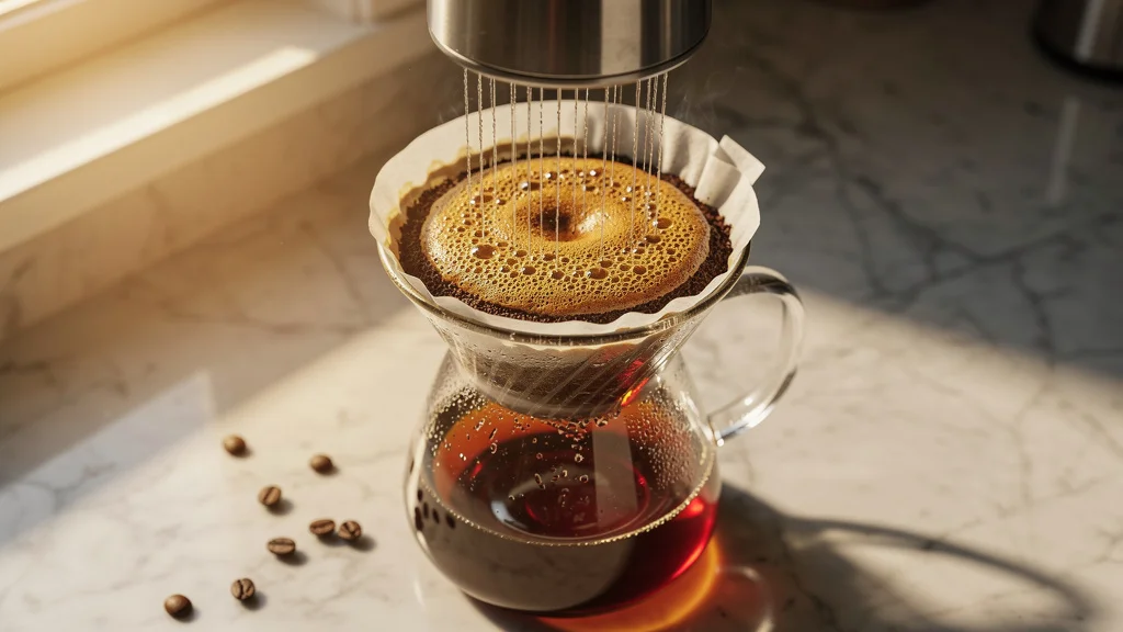 A close-up of a drip coffee maker's shower-head distribution system wetting an entire filter basket of ground coffee evenly, golden-brown extraction flowing through the filter into the carafe below, morning light through a kitchen window -- the even-bed-saturation difference between SCA-certified shower-head distribution and single-stream pour