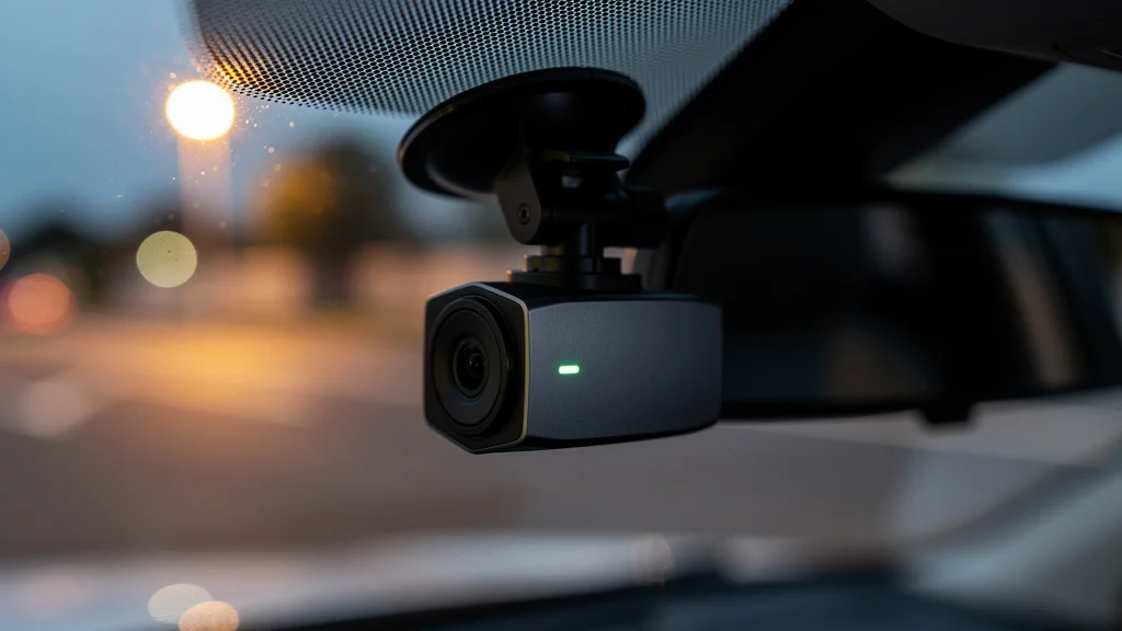Close-up of a small black dash cam suction-mounted to a car windshield with a tiny green LED status light, blurred parking-lot background at twilight — the unobtrusive form factor that defines the modern dash cam category