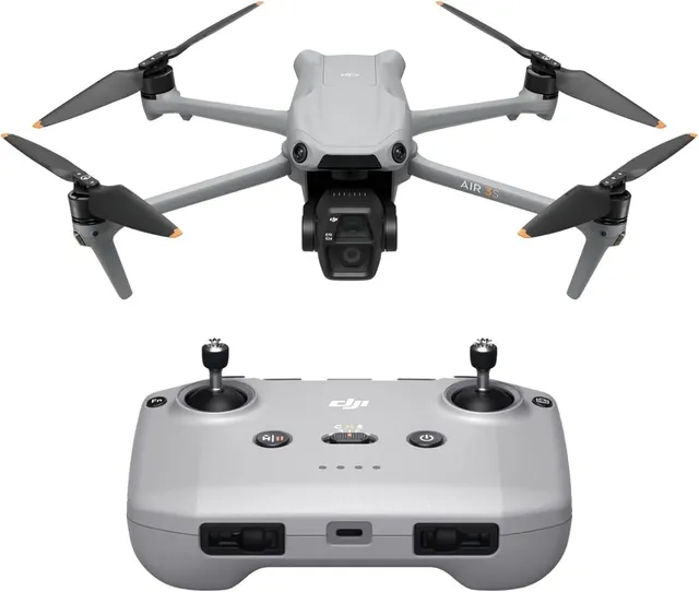 DJI Air 3S folded compact drone in dark gray, with dual-camera gimbal showing the 1-inch CMOS lens and 48MP medium tele lens stacked vertically