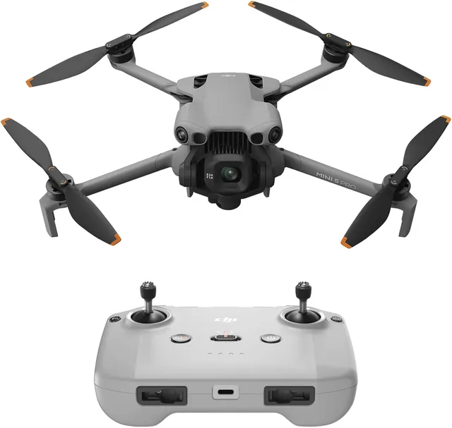 DJI Mini 5 Pro folded ultralight drone in light gray, showing the rotating gimbal cradle and 1-inch CMOS sensor that fits inside a sub-249g airframe