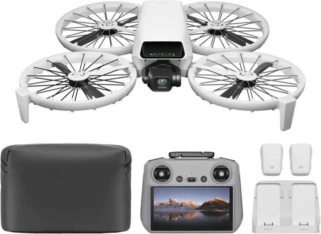 DJI Flip Fly More Combo with full-coverage carbon-fiber propeller guards in folded position, alongside the DJI RC 2 controller with a 5.5-inch built-in screen