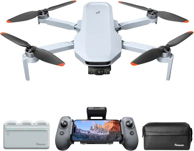 Potensic ATOM 2 Fly More Combo folded ultralight drone in dark gray, with 3-axis mechanical gimbal cradle visible and the included PixSync controller alongside